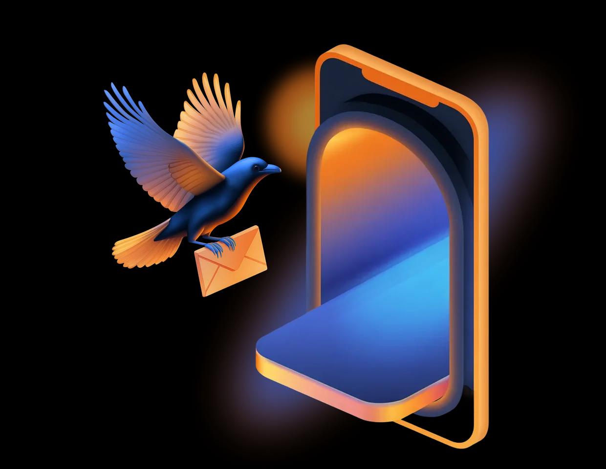 Bird carrying an envelope toward a glowing phone