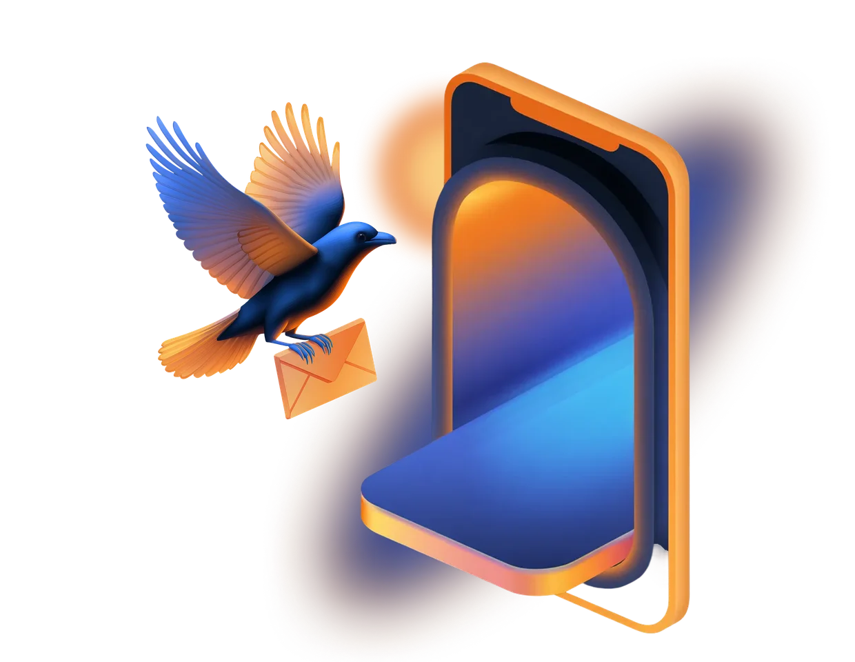 Bird carrying an envelope toward a glowing phone
